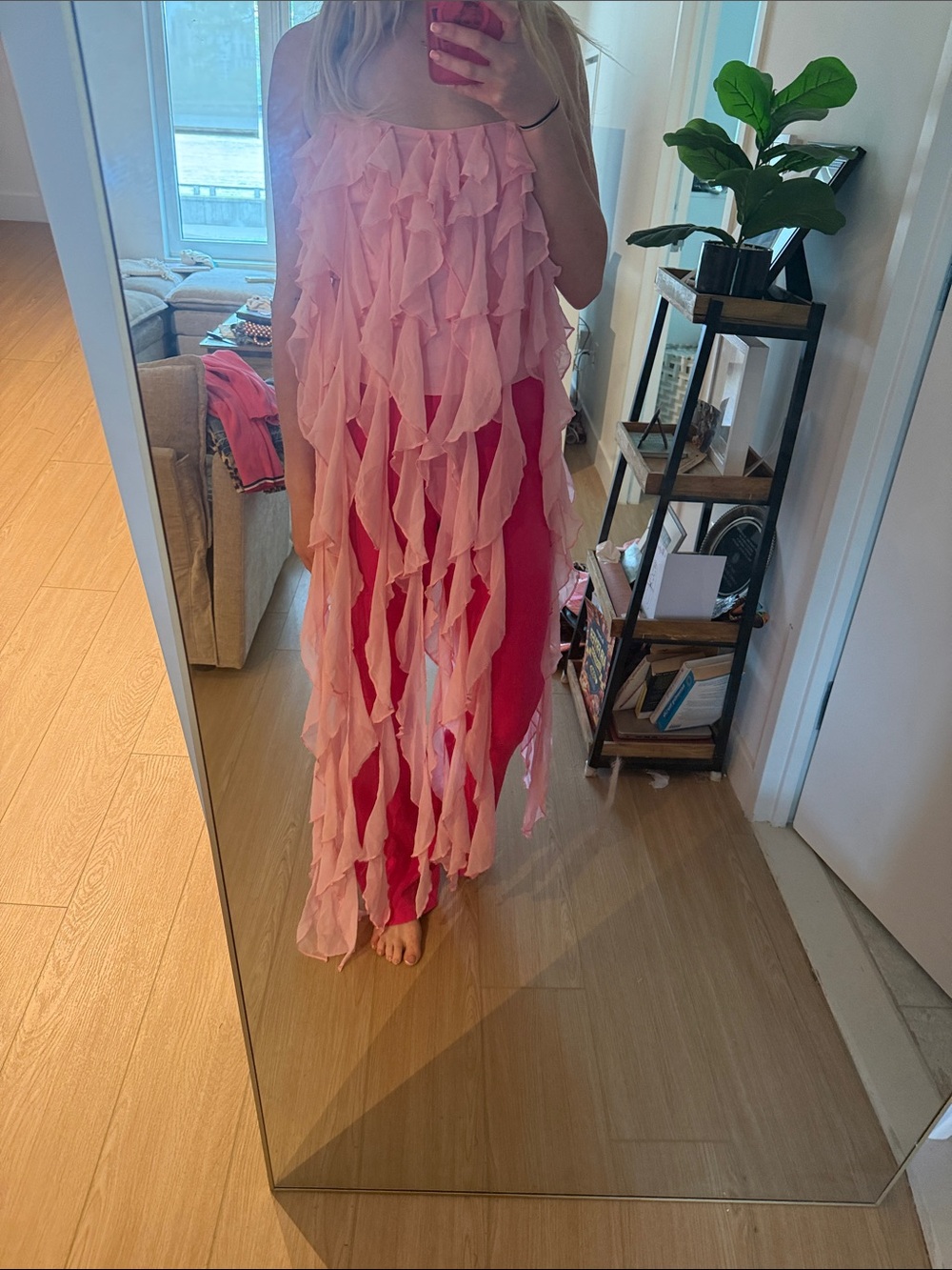 AKIRA Pink Layered Ruffle Strapless Top festival top